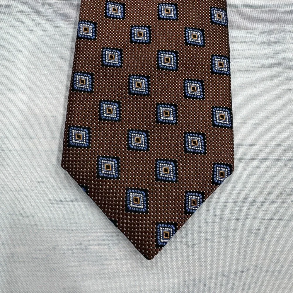 JZ Richards Neck Tie Extra Long‎ Silk Brown Squares Made in USA Mens
